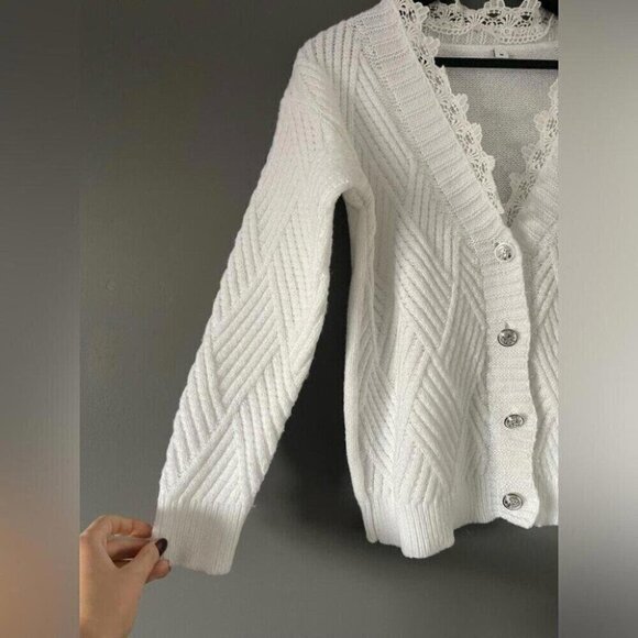 Coquette Knit Cardigan Lace Trim & Crest Buttons Fairycore Sweater - Picture 6 of 12